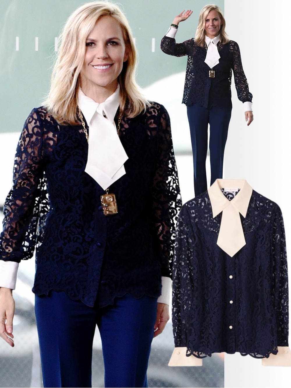Tory Burch Rosie Navy Lace Blouse Shirt Ivory Cuffs size 4 Very Good Condition